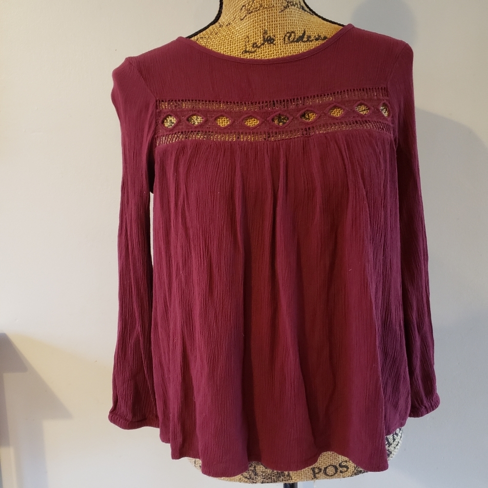 Cotton:On Long Sleeve Blouse Maroon Red Women's XS Cutouts Keyhole Flowy EUC